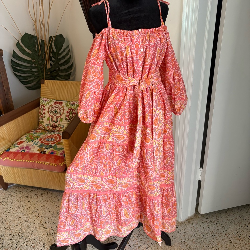 CLEOBELLA Designer Cotton Peach Print Long Boho Cotton Dress! New! Loose. Belt M
